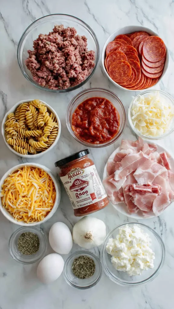 Overhead view of meat lovers pizza casserole ingredients including ground beef, sausage, pepperoni, bacon, pasta, and cheese on marble counter