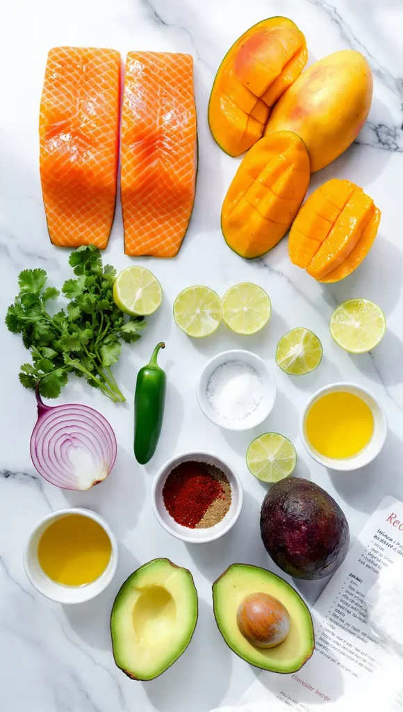 All fresh ingredients for salmon with mango salsa laid out including fish, mango, cilantro, lime, avocado, and spices
