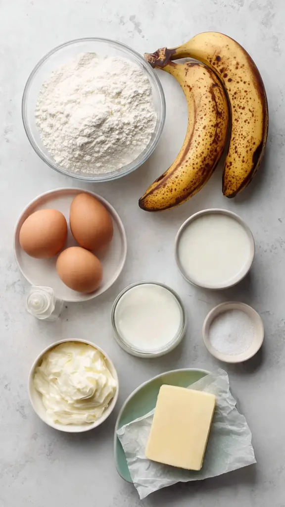 Overhead view of all ingredients needed to make banana cake including ripe bananas, flour, eggs, butter, and sugar