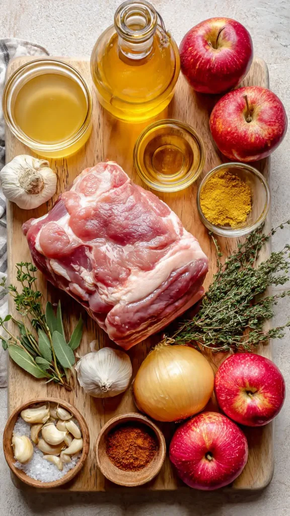 Ingredients for slow cooker apple cider pork including pork shoulder, fresh cider, apples, onions, and spices
