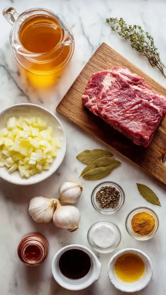 All the ingredients needed for slow cooker apple cider pulled beef laid out and ready to go: chuck roast, fresh apple cider, onions, garlic, brown sugar, and warm fall spices including smoked paprika, thyme, and cinnamon
