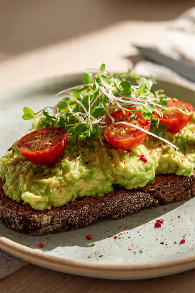 Creamy avocado and egg mixture in white bowl with lime wedge and cilantro garnish on wooden table
