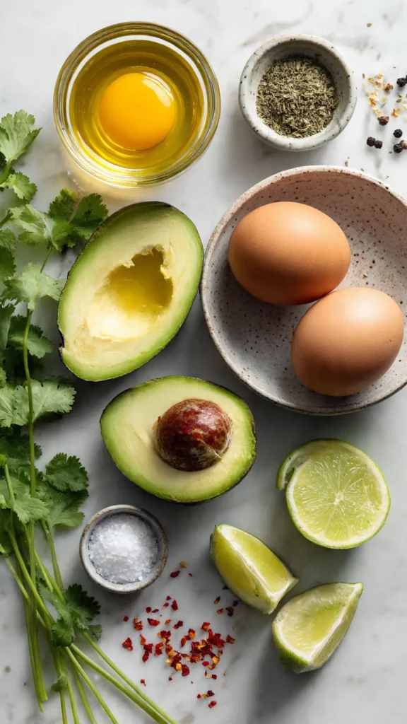 Fresh ingredients for creamy avocado and egg recipe including eggs, ripe avocado, olive oil, and lime on marble counter