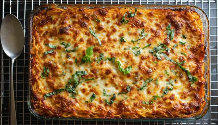 Million dollar spaghetti casserole in glass baking dish with melted cheese topping