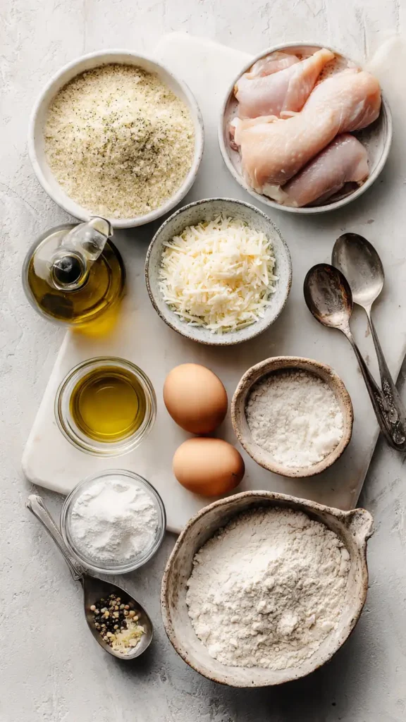 All ingredients needed for baked ranch chicken including panko breadcrumbs, Parmesan cheese, ranch seasoning, eggs, and chicken breasts