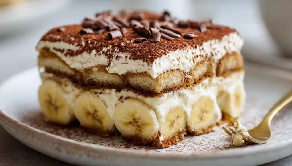 Homemade banana tiramisu with visible layers of mascarpone cream, fresh banana slices, and coffee-soaked ladyfingers in a glass baking dish