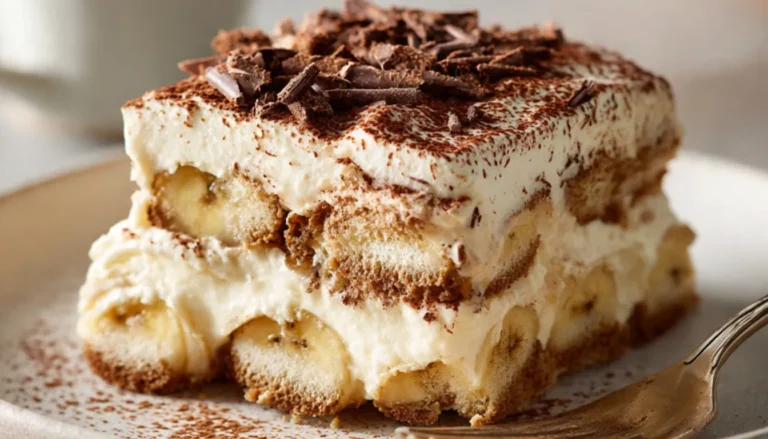 Homemade banana tiramisu with visible layers of mascarpone cream, fresh banana slices, and coffee-soaked ladyfingers in a glass baking dish