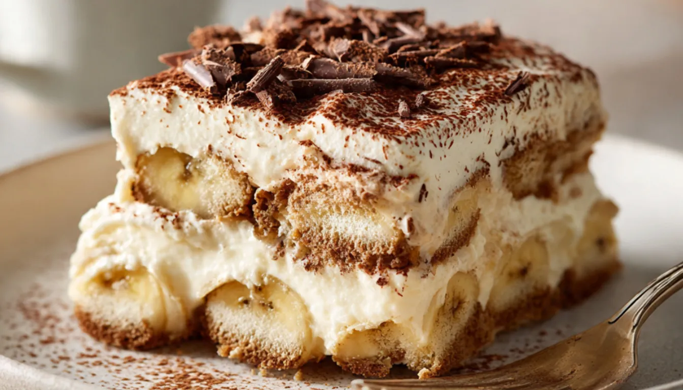 Homemade banana tiramisu with visible layers of mascarpone cream, fresh banana slices, and coffee-soaked ladyfingers in a glass baking dish