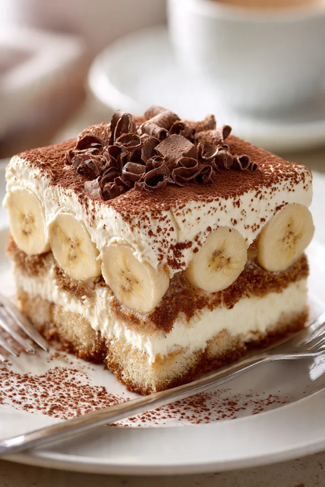 Homemade banana tiramisu with visible layers of mascarpone cream, fresh banana slices, and coffee-soaked ladyfingers in a glass baking dish