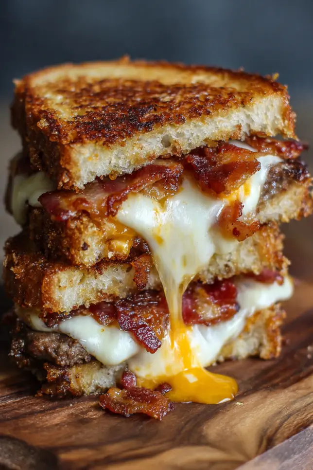 Golden crispy Bang-Bang Bacon Cheeseburger Grilled Sandwich cut in half showing melted cheese and burger layers with sauce