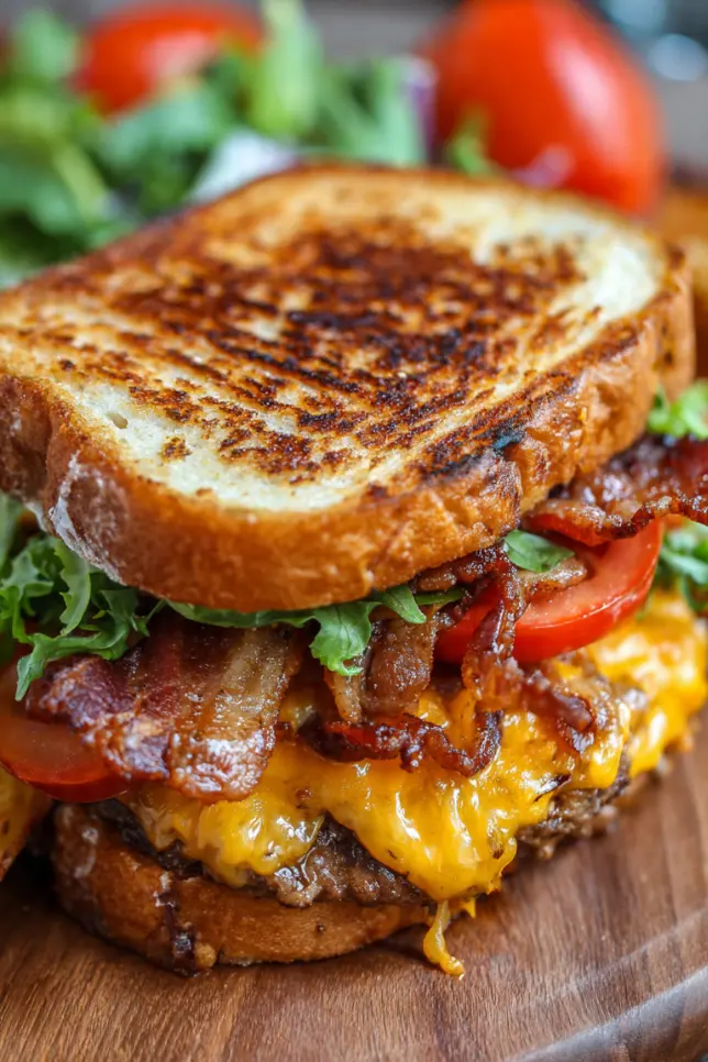 Golden crispy Bang-Bang Bacon Cheeseburger Grilled Sandwich cut in half showing melted cheese and burger layers with sauce