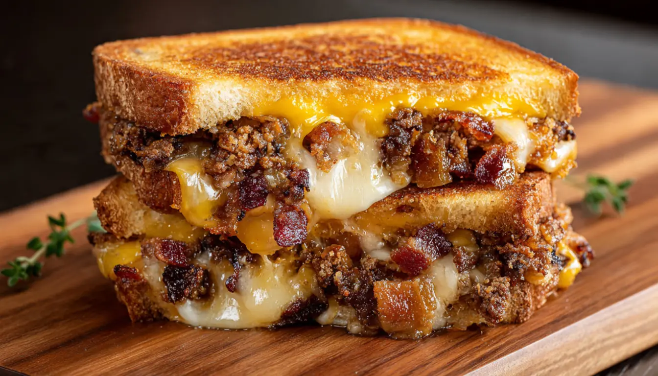 Golden crispy Bang-Bang Bacon Cheeseburger Grilled Sandwich cut in half showing melted cheese and burger layers with sauce