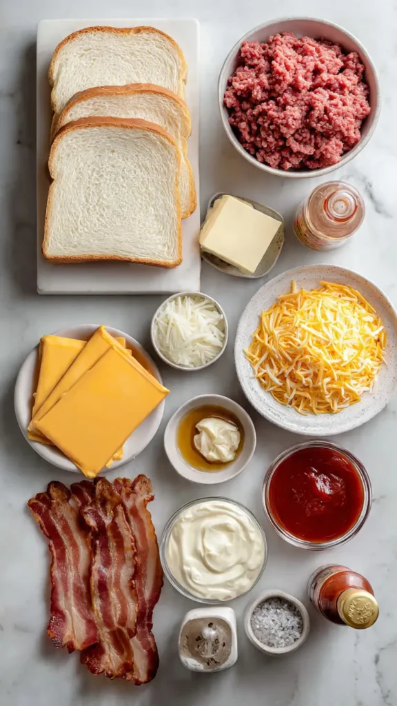 All ingredients needed for Bang-Bang Bacon Cheeseburger Grilled Sandwiches laid out on marble counter including ground beef, bacon, cheese, bread, and sauces