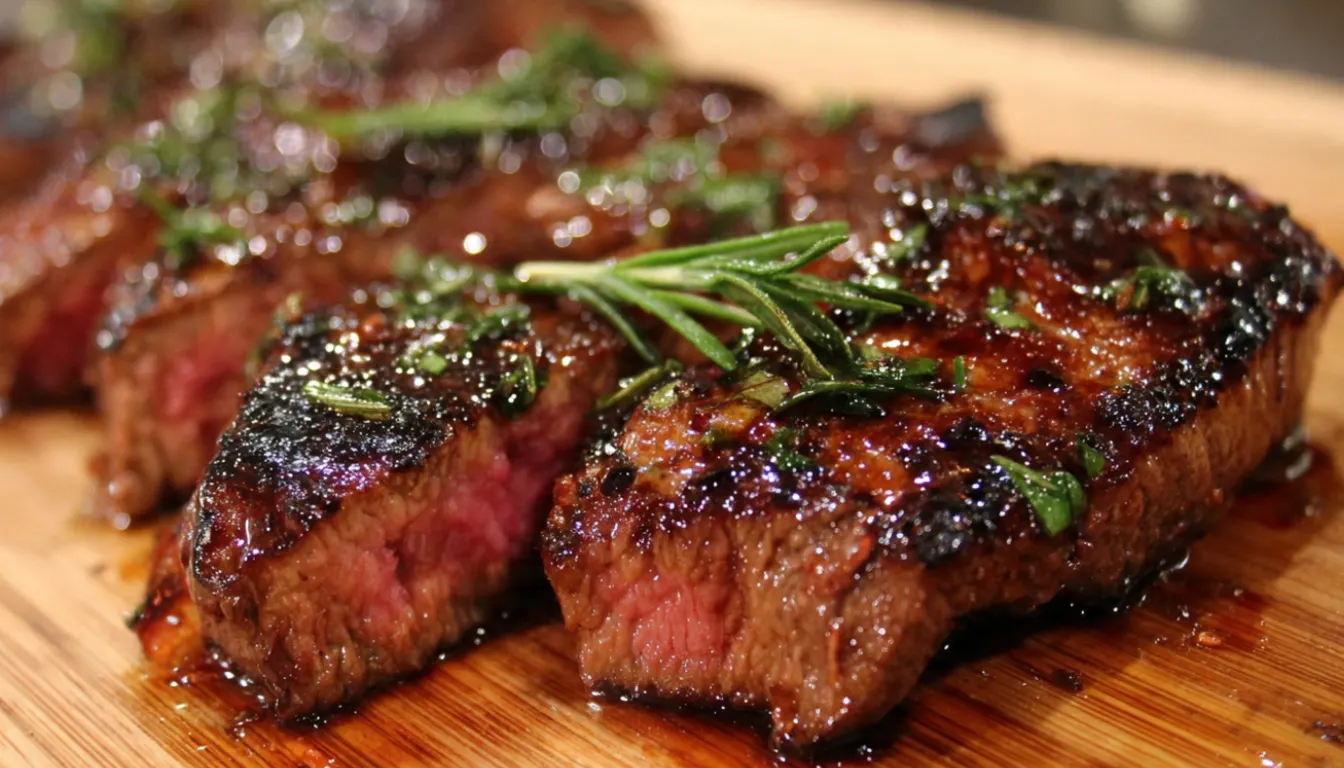 Perfectly grilled ribeye steak with caramelized marinade crust and fresh rosemary garnish on white plate