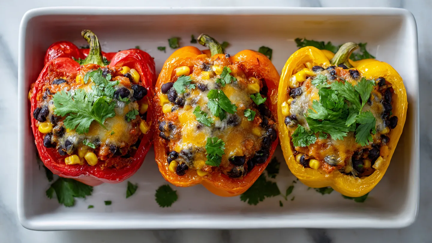 Colorful stuffed bell peppers filled with black beans, corn, and melted cheese