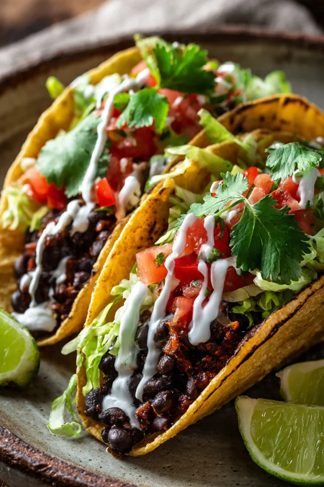 Two black bean tacos topped with pico de gallo, cilantro, and Greek yogurt on a ceramic plate with lime wedges