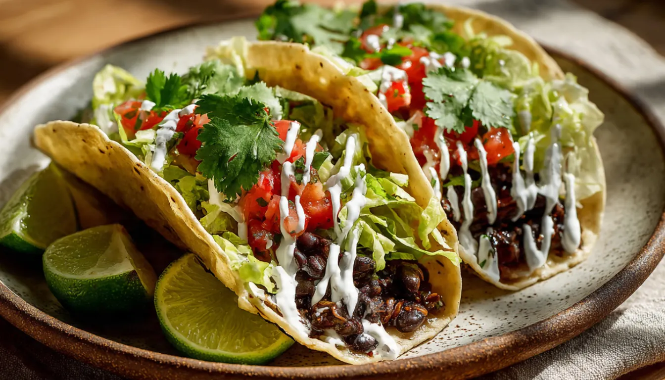 Two black bean tacos topped with pico de gallo, cilantro, and Greek yogurt on a ceramic plate with lime wedges