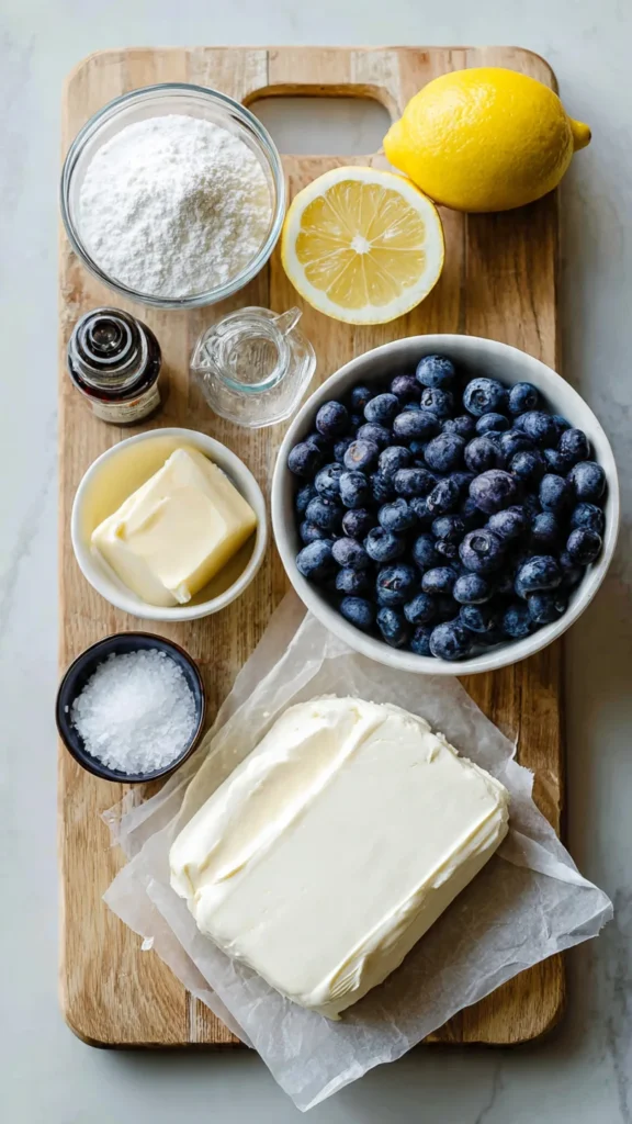 All the ingredients needed to make homemade blueberry cream cheese frosting, including fresh blueberries, cream cheese, butter, and powdered sugar