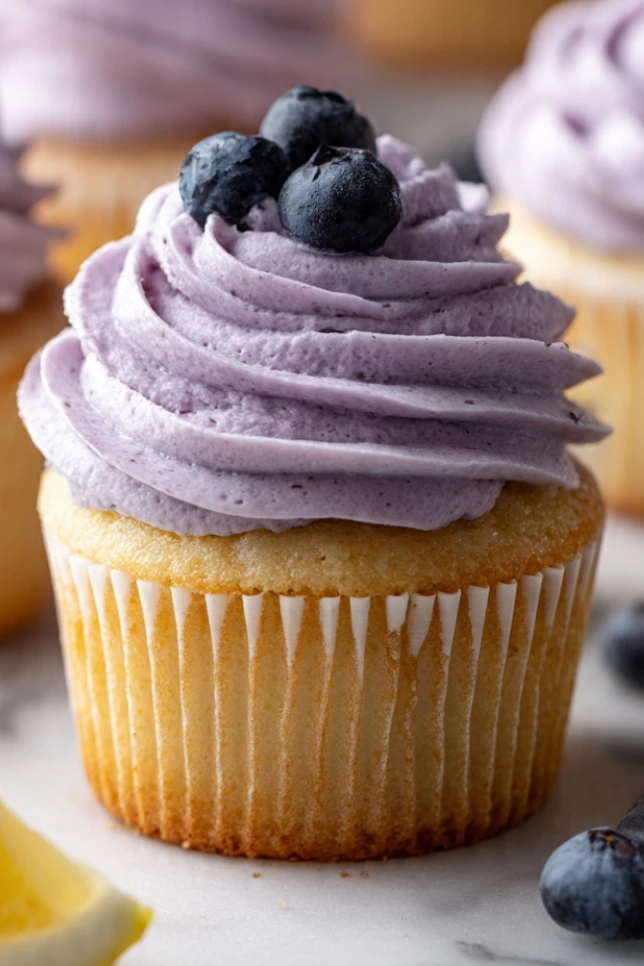 Vanilla cupcakes topped with pale purple blueberry cream cheese frosting swirls, garnished with fresh blueberries