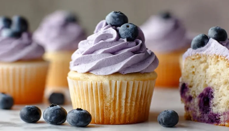 Vanilla cupcakes topped with pale purple blueberry cream cheese frosting swirls, garnished with fresh blueberries