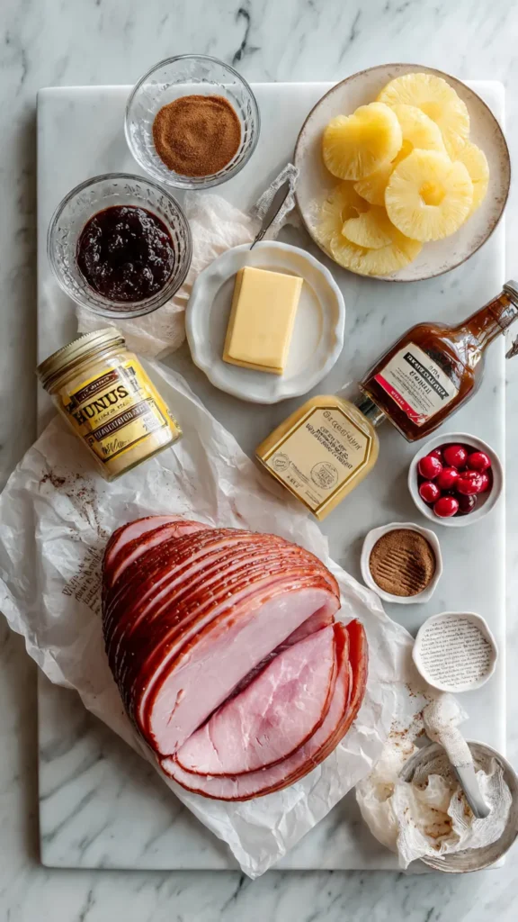 Ingredients for brown sugar pineapple ham including spiral-cut ham, brown sugar, butter, honey, pineapple rings, and spices on marble counter