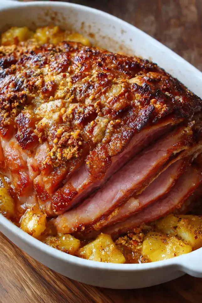 Glazed brown sugar pineapple ham with caramelized crust, pineapple rings, and maraschino cherries on white platter
