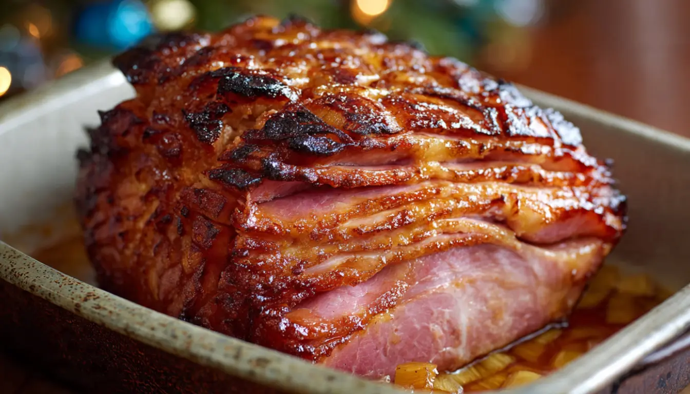 Glazed brown sugar pineapple ham with caramelized crust, pineapple rings, and maraschino cherries on white platter