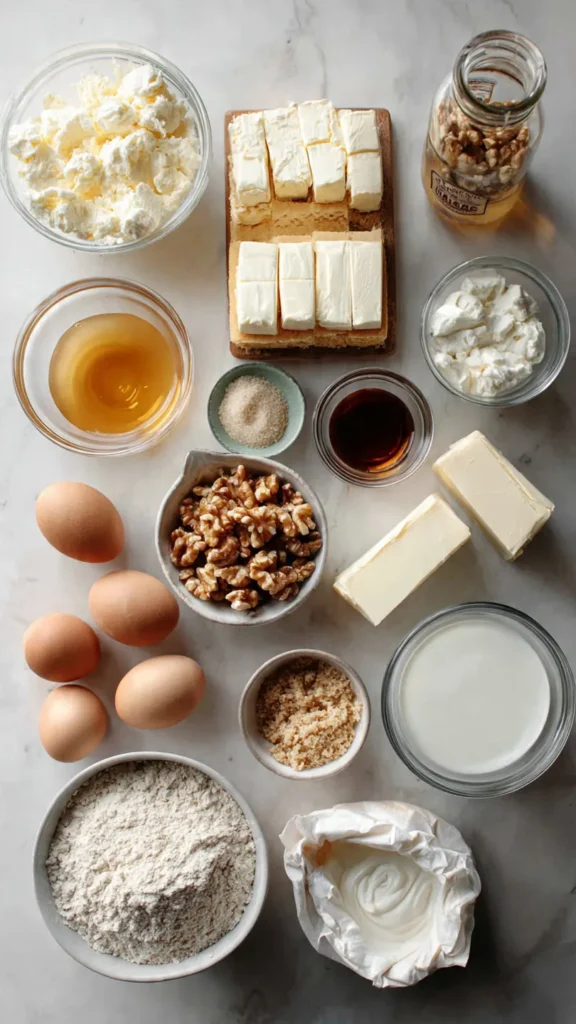 All the ingredients needed to make cheesecake with cajeta and walnuts, including cream cheese, cajeta sauce, walnuts, graham crackers, and eggs.