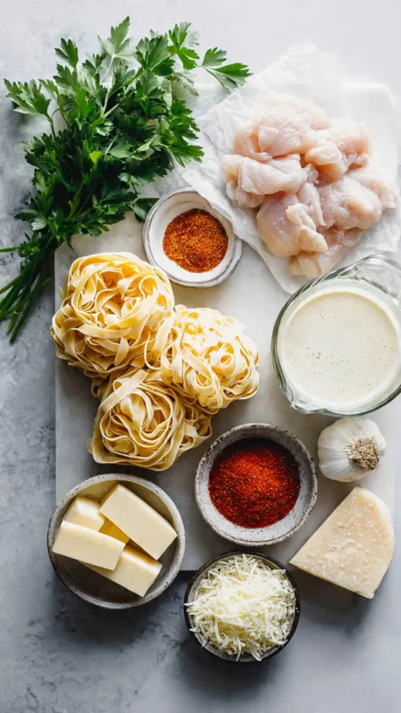 All ingredients needed for Cajun Alfredo pasta arranged on marble counter including chicken, pasta, cream, cheese, and Cajun spices