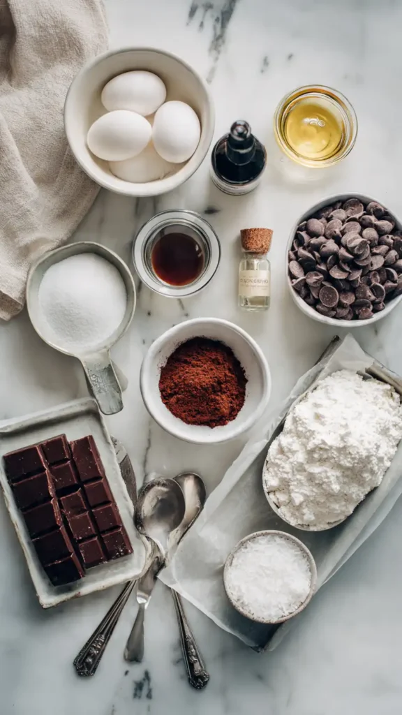 Ingredients for homemade chocolate candy bars including egg whites, sugar-free chocolate chips, cocoa powder, and erythritol