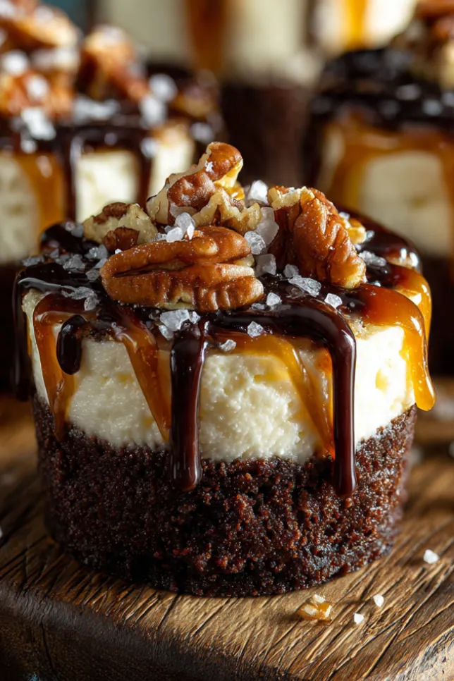 Individual caramel pecan brownie cheesecake cups with chocolate base, cream cheese layer, and caramel topping on rustic wooden board