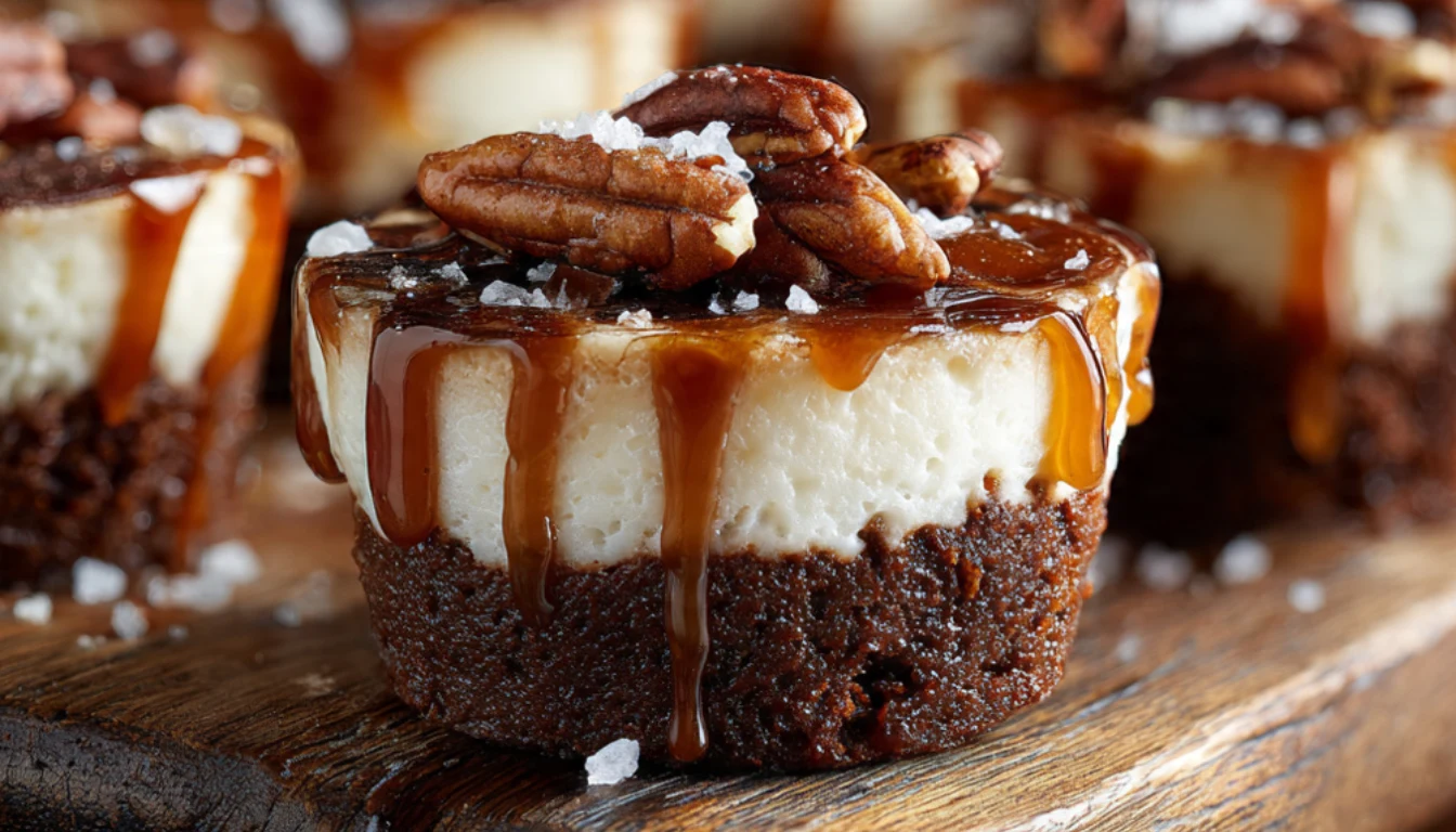 Individual caramel pecan brownie cheesecake cups with chocolate base, cream cheese layer, and caramel topping on rustic wooden board