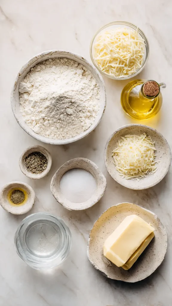 All ingredients for cheese bread sticks including mozzarella, parmesan, flour, yeast and butter