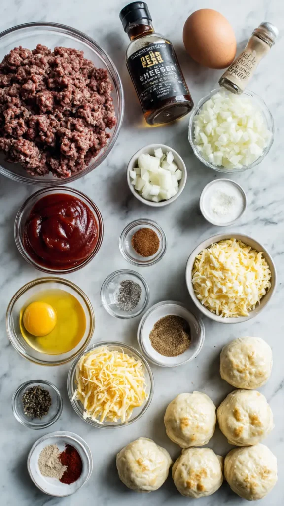 All ingredients needed for cheeseburger pockets including ground beef, cheddar cheese, puff pastry, and seasonings arranged on white marble counter