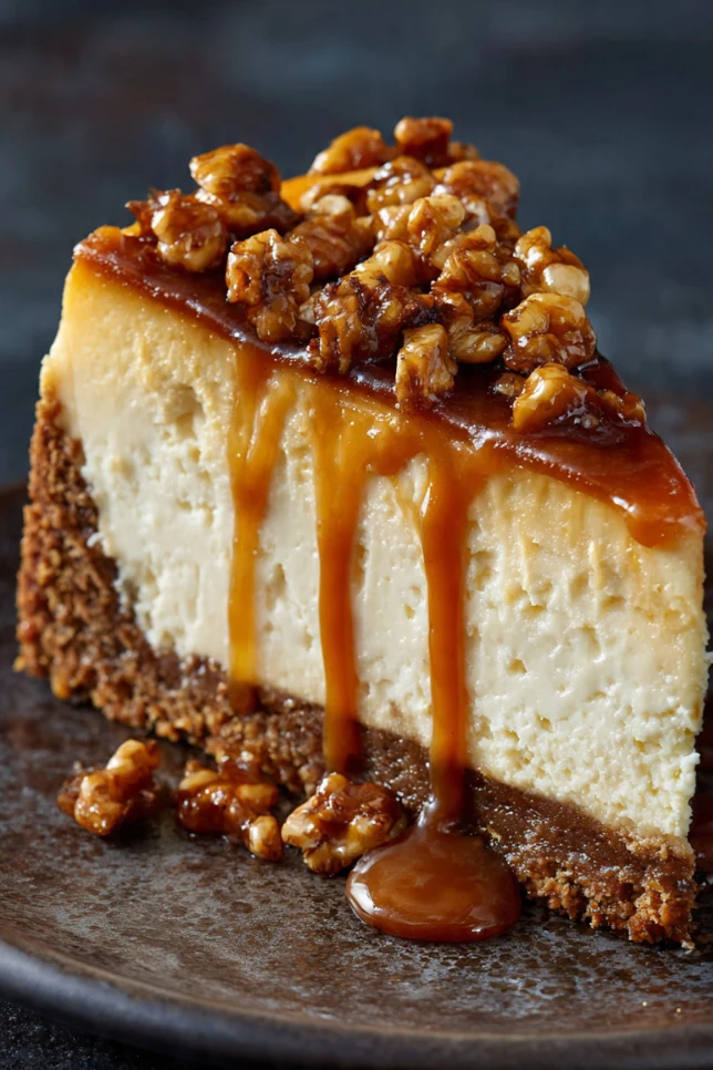 Whole cheesecake with cajeta swirl and walnut topping on wooden cake stand