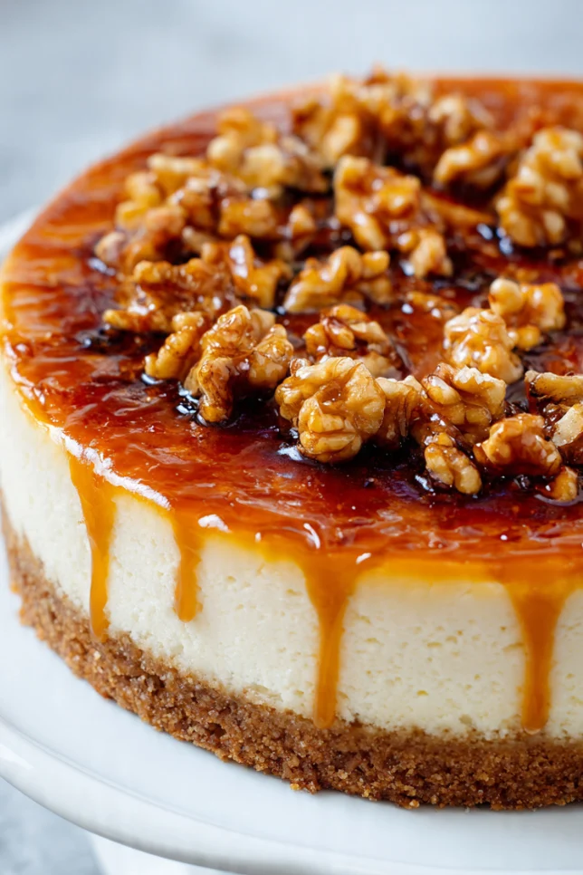 Whole cheesecake with cajeta swirl and walnut topping on wooden cake stand
