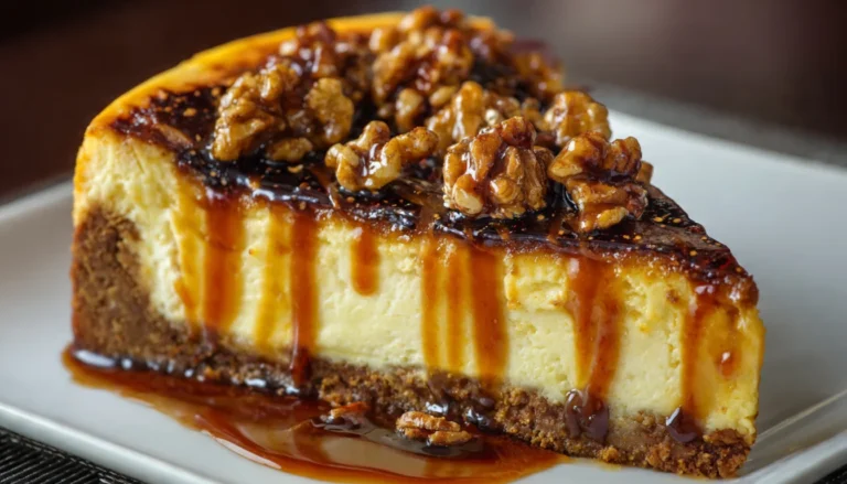 Whole cheesecake with cajeta swirl and walnut topping on wooden cake stand