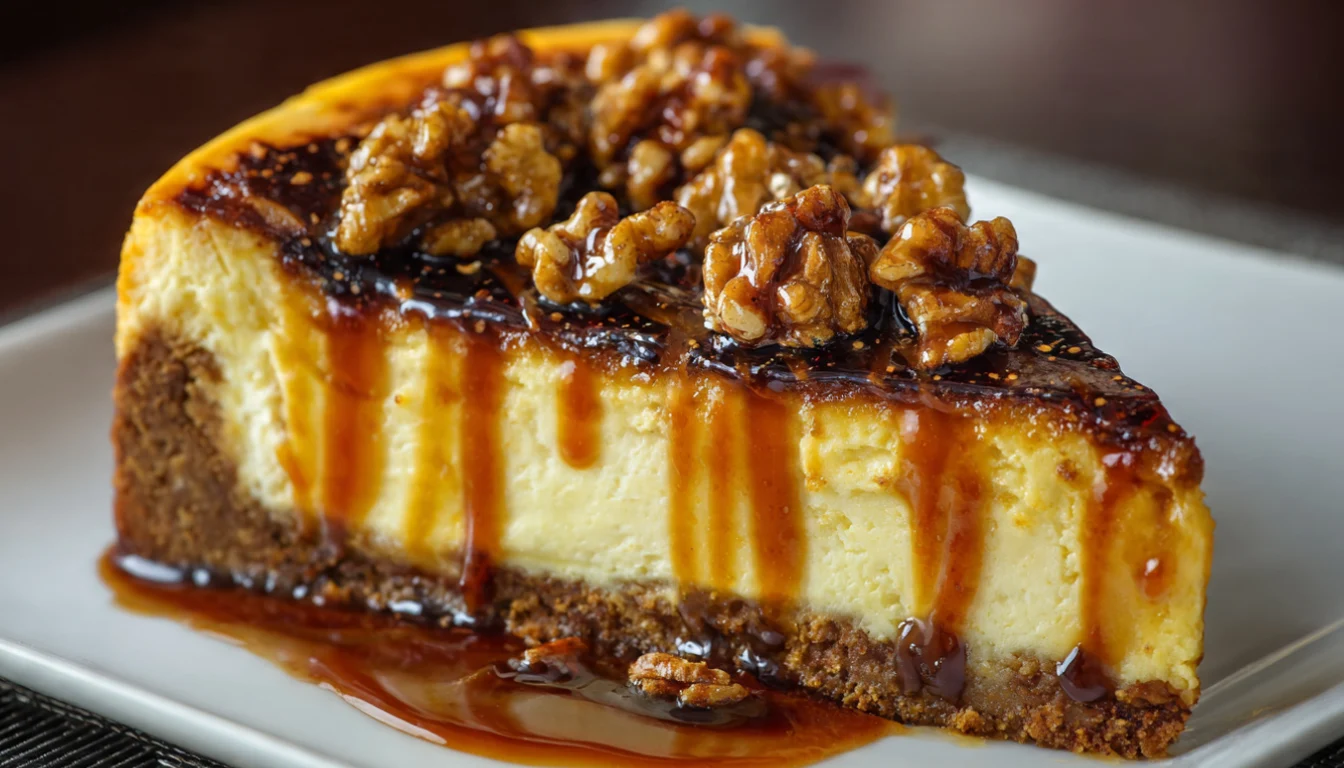 Whole cheesecake with cajeta swirl and walnut topping on wooden cake stand