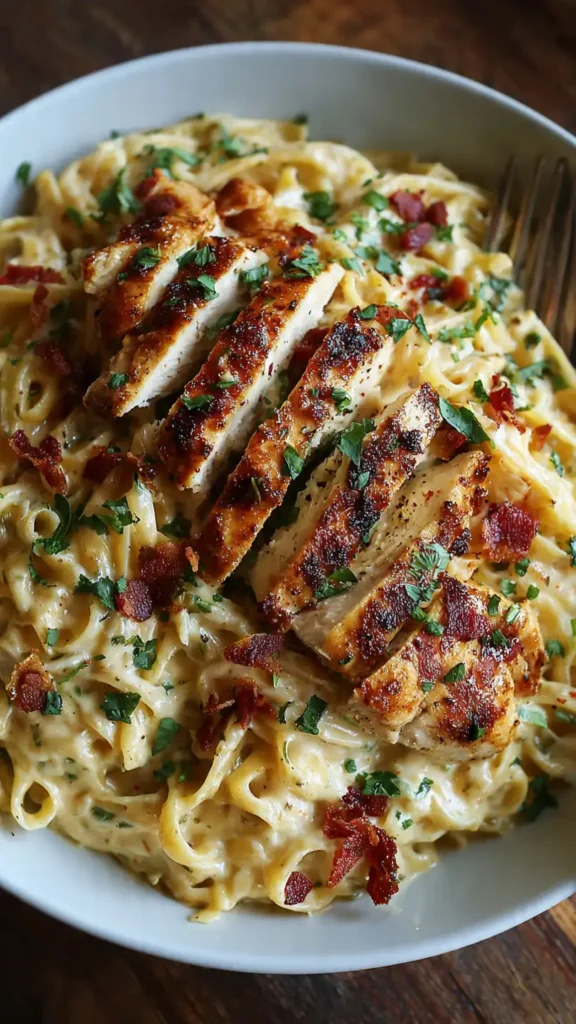 Creamy Cajun Alfredo pasta with seasoned chicken pieces in a cast iron skillet, garnished with fresh parsley and Parmesan cheese