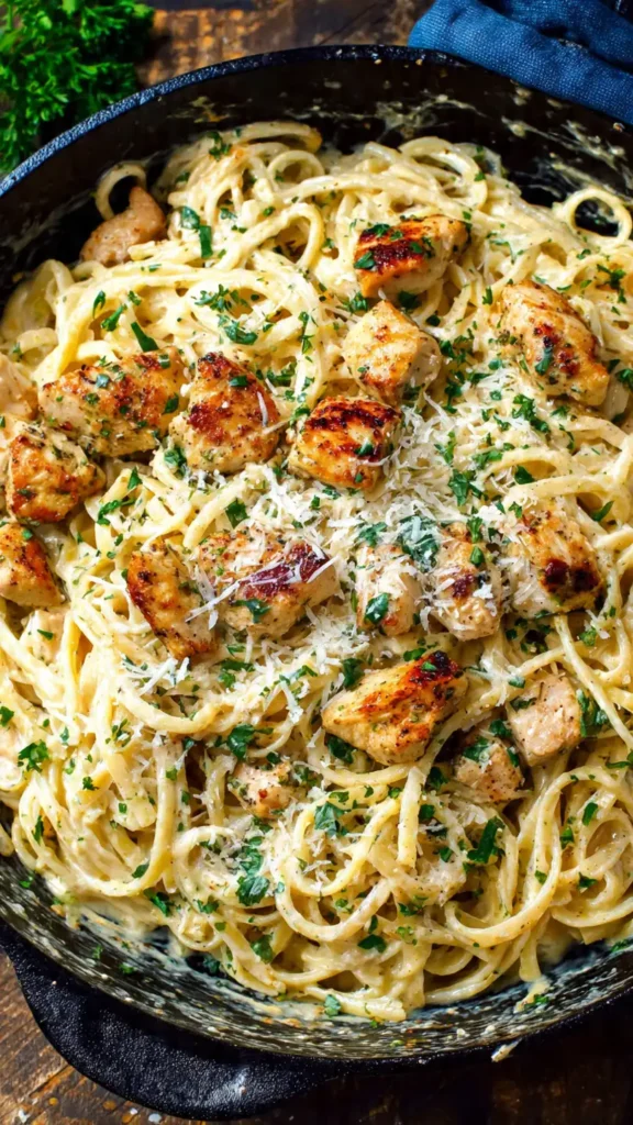 Creamy Cajun Alfredo pasta with seasoned chicken pieces in a cast iron skillet, garnished with fresh parsley and Parmesan cheese