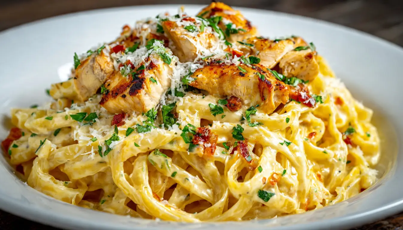 Creamy Cajun Alfredo pasta with seasoned chicken pieces in a cast iron skillet, garnished with fresh parsley and Parmesan cheese
