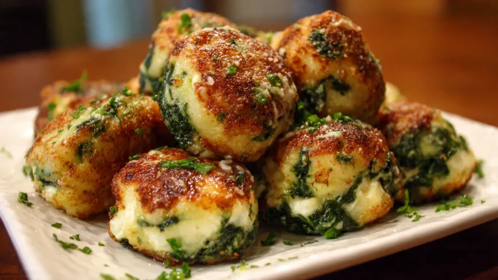 Golden-brown cottage cheese spinach bites on white marble board with marinara dipping sauce