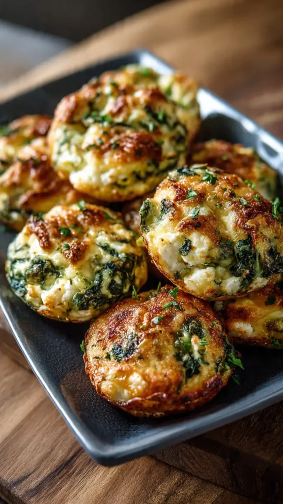 Golden-brown cottage cheese spinach bites on white marble board with marinara dipping sauce