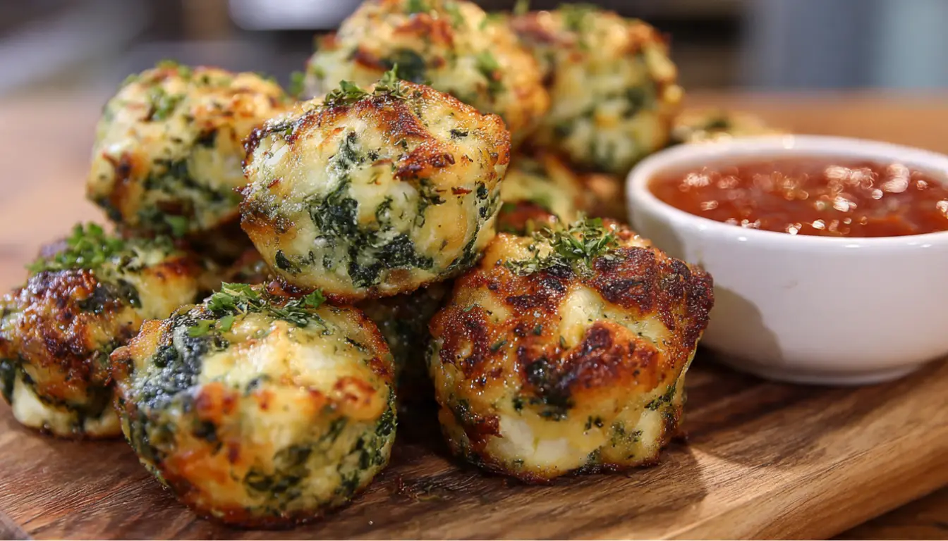 Golden-brown cottage cheese spinach bites on white marble board with marinara dipping sauce