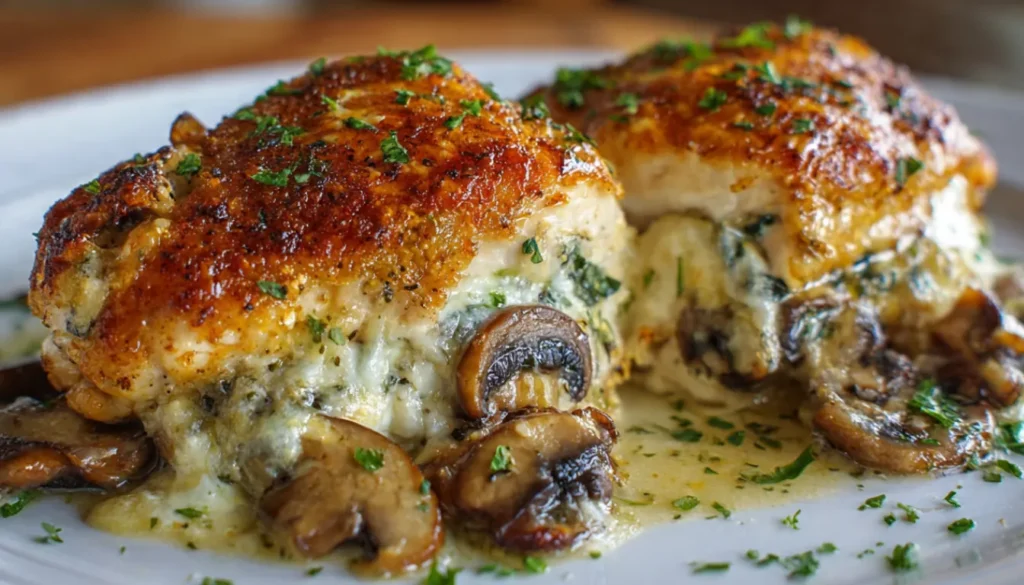 Golden-brown chicken breast stuffed with creamy mushroom and melted cheese filling, drizzled with garlic butter sauce on a white plate