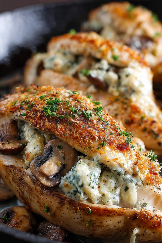 Golden-brown chicken breast stuffed with creamy mushroom and melted cheese filling, drizzled with garlic butter sauce on a white plate