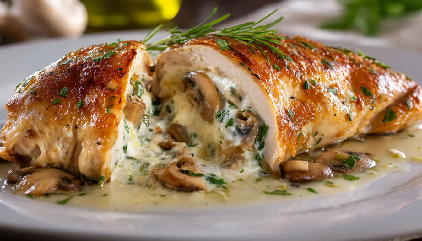 Golden-brown chicken breast stuffed with creamy mushroom and melted cheese filling, drizzled with garlic butter sauce on a white plate