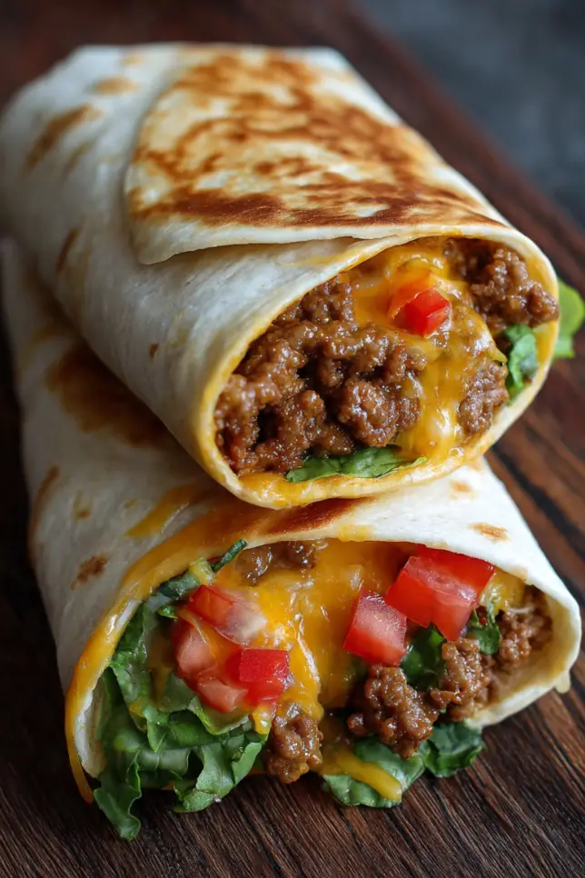 Golden crispy tortilla wraps filled with seasoned ground beef and melted cheddar cheese cut in half on a plate