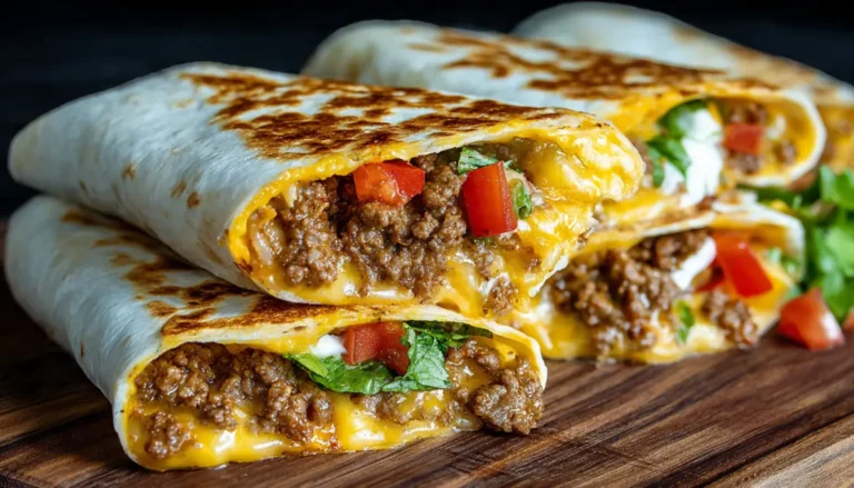 Golden crispy tortilla wraps filled with seasoned ground beef and melted cheddar cheese cut in half on a plate