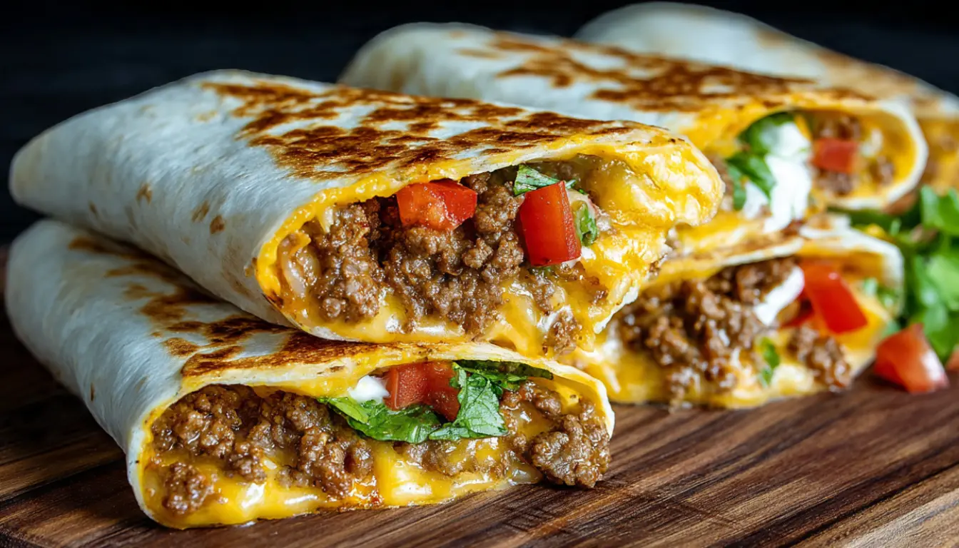 Golden crispy tortilla wraps filled with seasoned ground beef and melted cheddar cheese cut in half on a plate